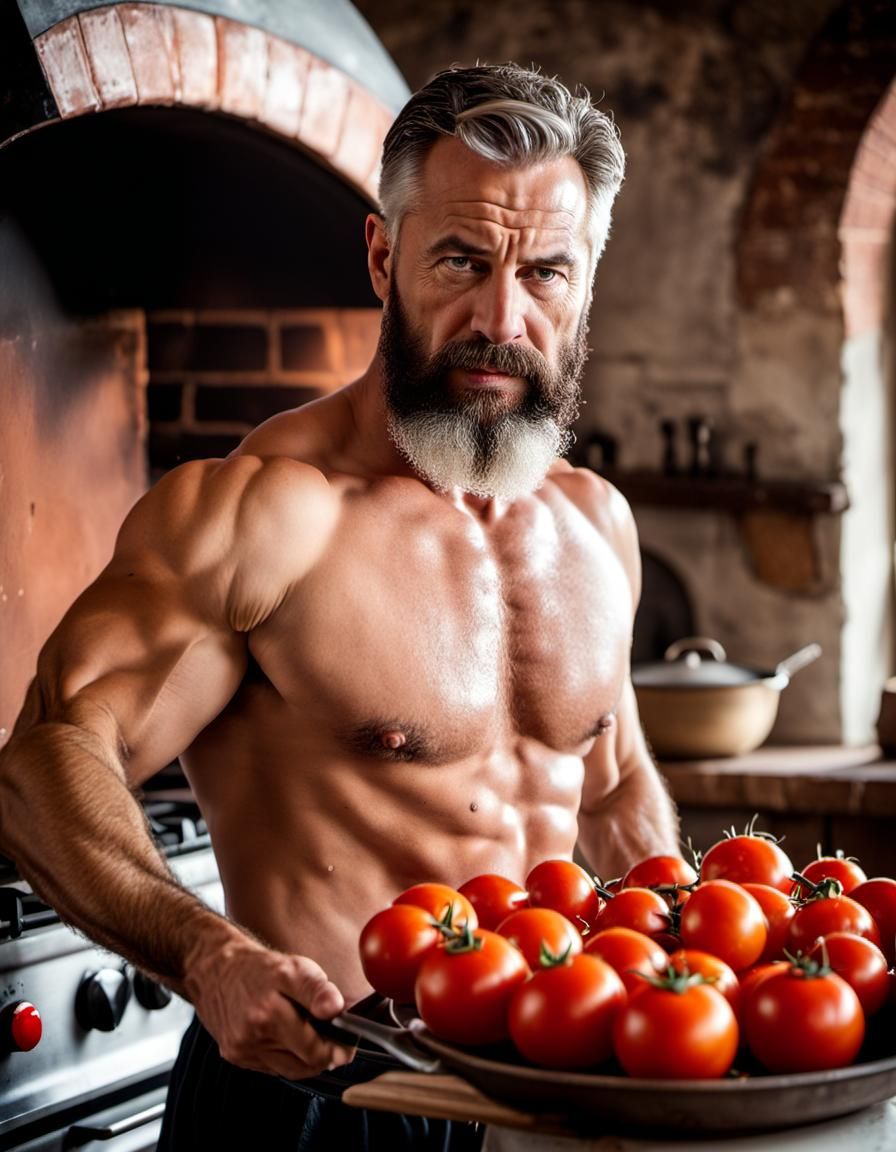 Muscular Man Cutting Tomatoes in Renaissance Kitchen
