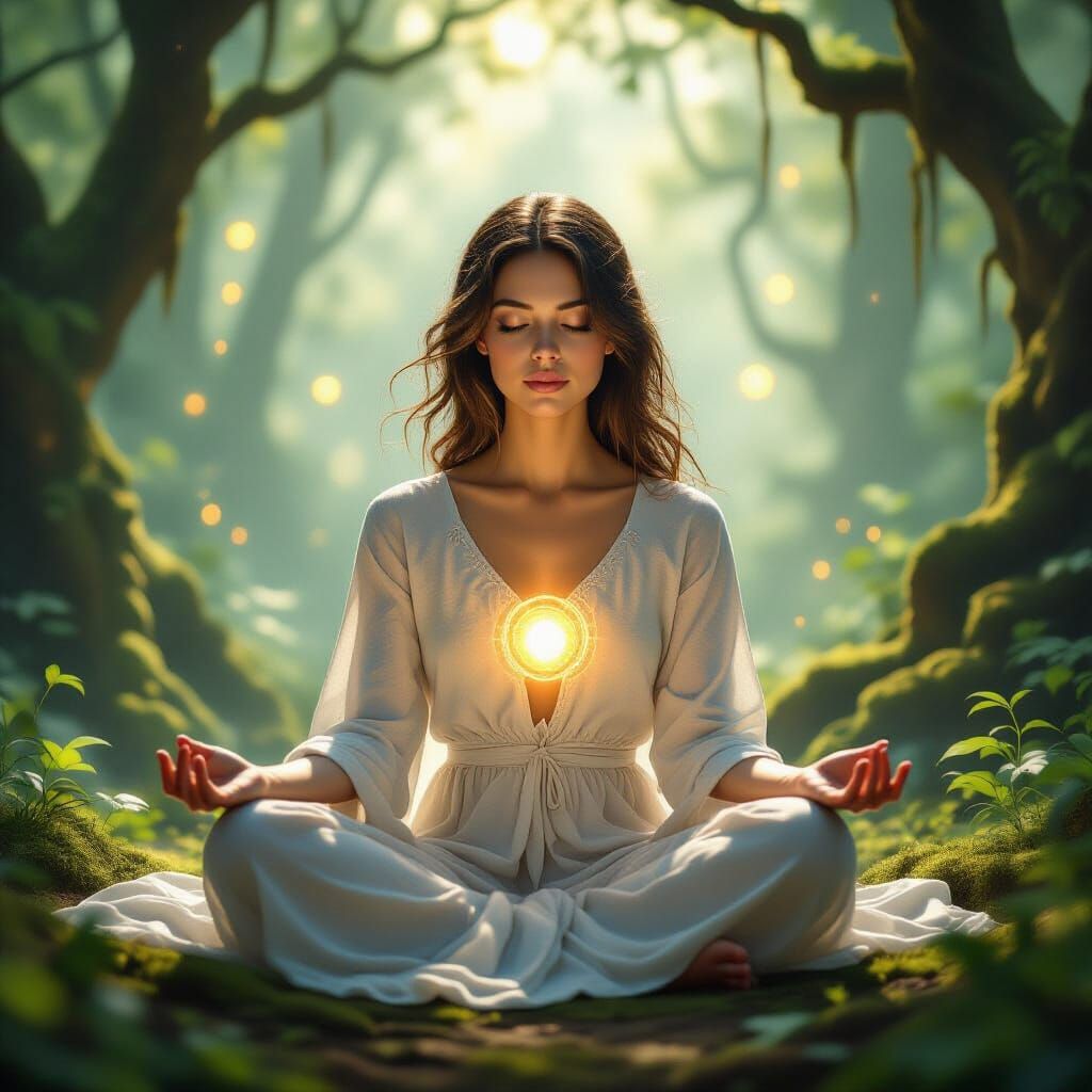 Ethereal Woman Meditating in Ancient Forest