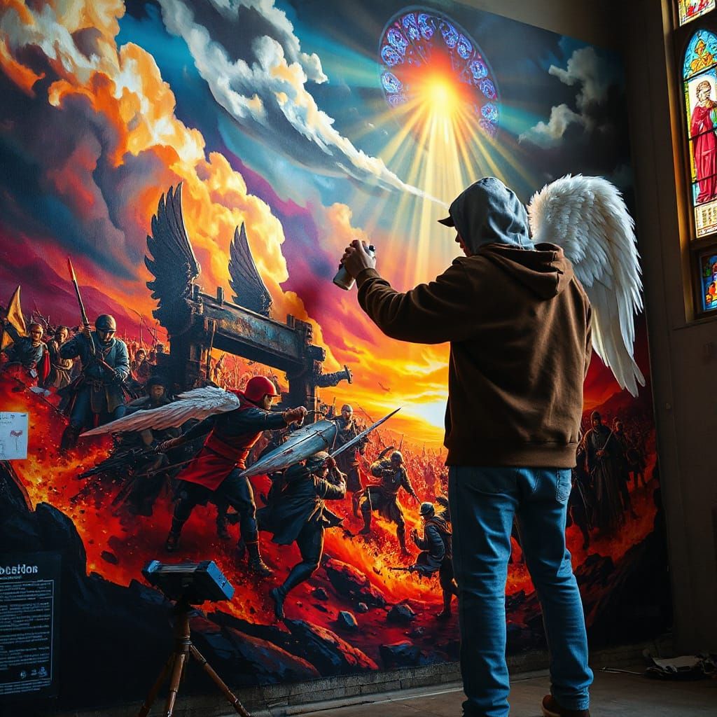 Youth Painting Epic Battle Scene with Angel Wings