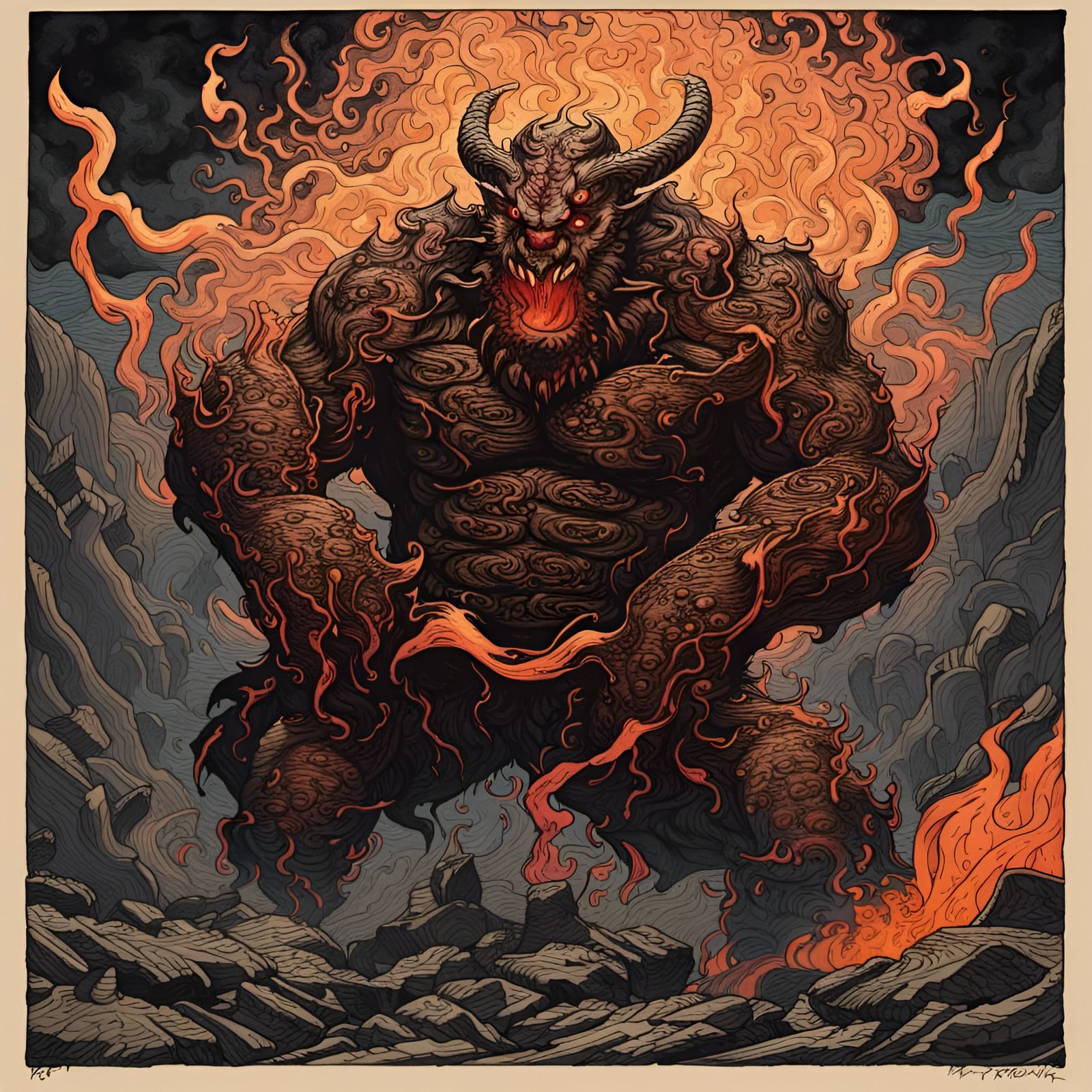 Japanese Woodblock Print Balrog in Mordor