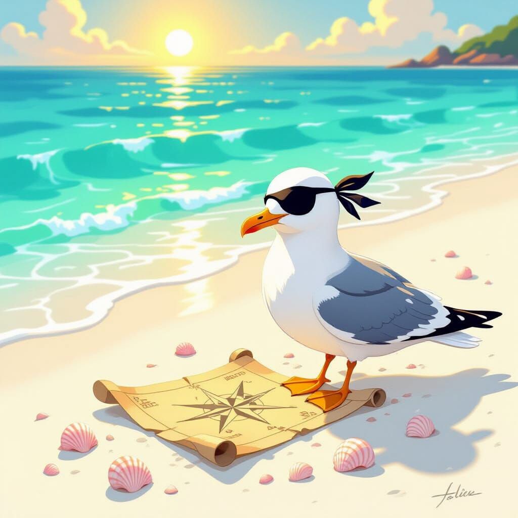 One-Eyed Seagull Studies Pirate Map on Beach
