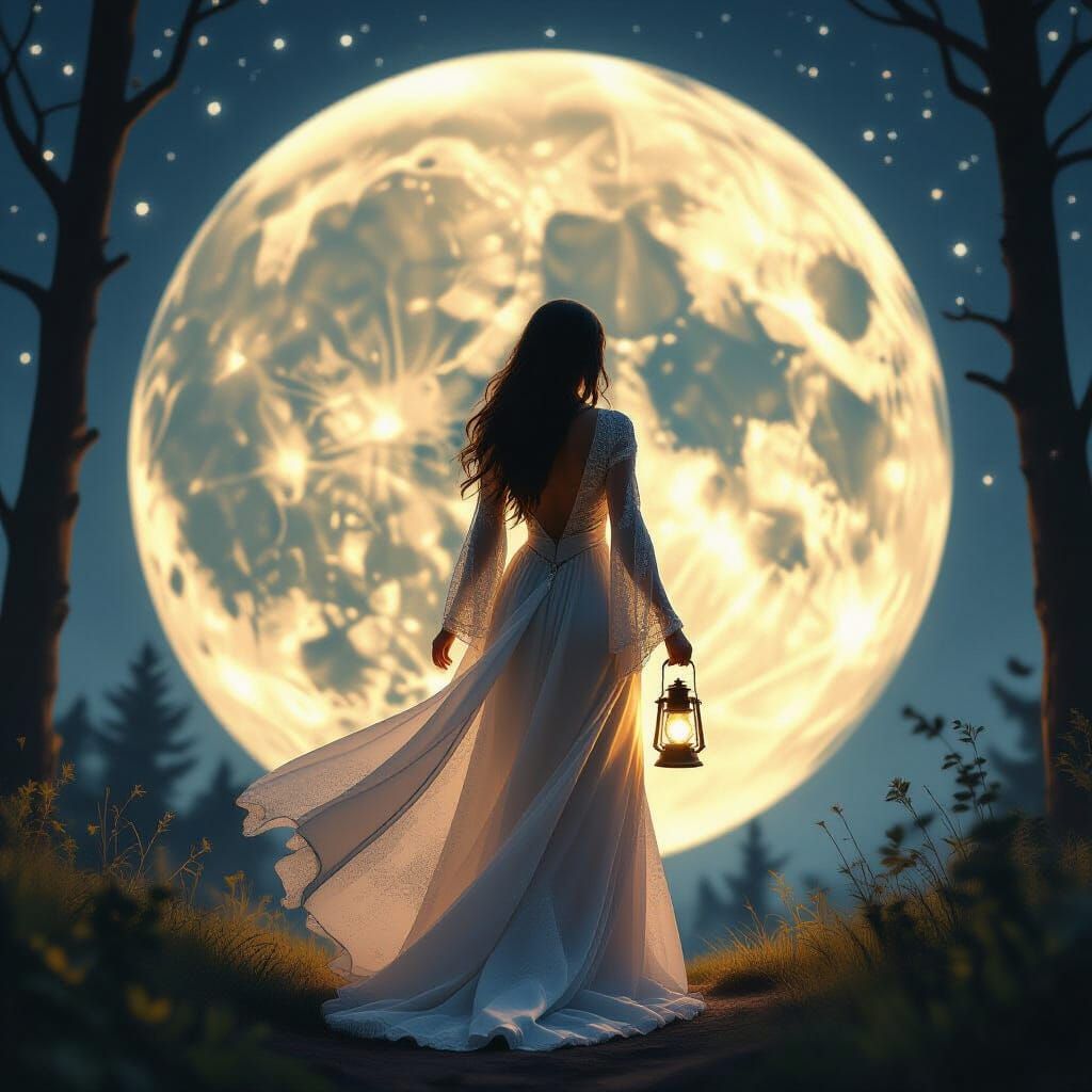 Mysterious Woman Under Giant Moon in Enchanted Forest