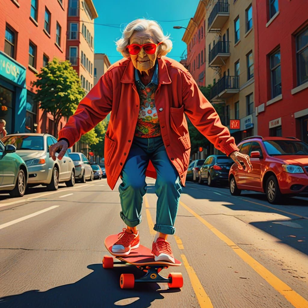 Joyful Elderly Woman on Skateboard in Pop Art Style