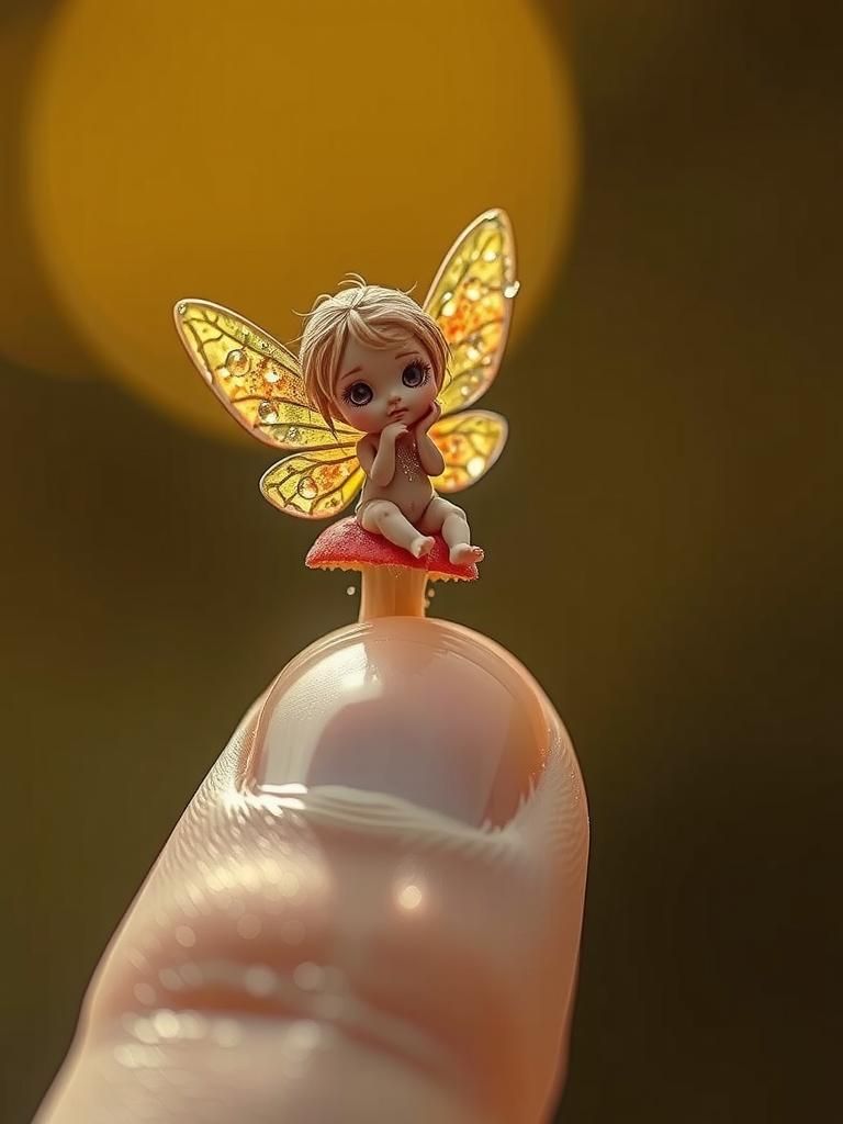 Surreal Fairy Perched on Human Finger