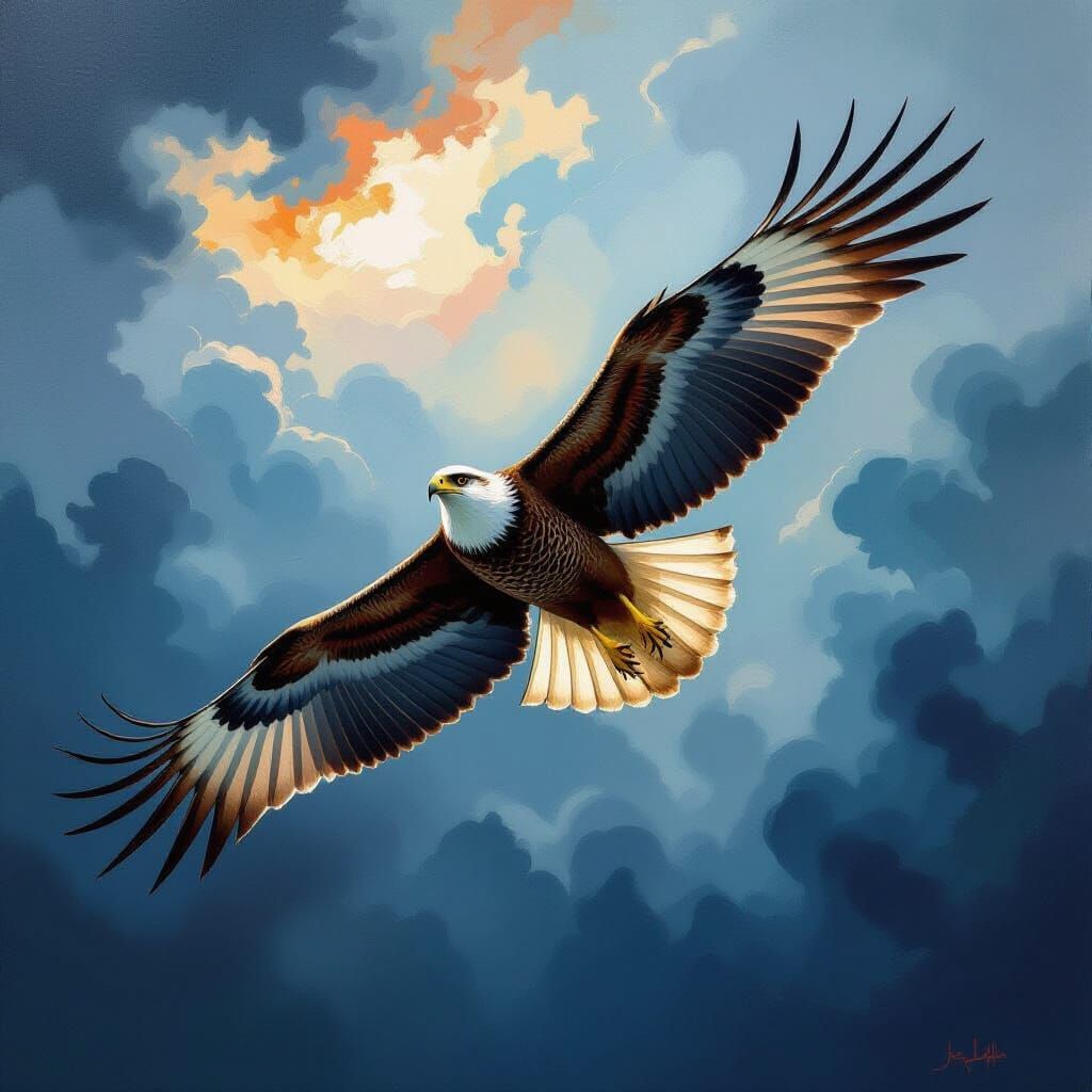 Hawk Soaring Through Stormy Expressionist Sky