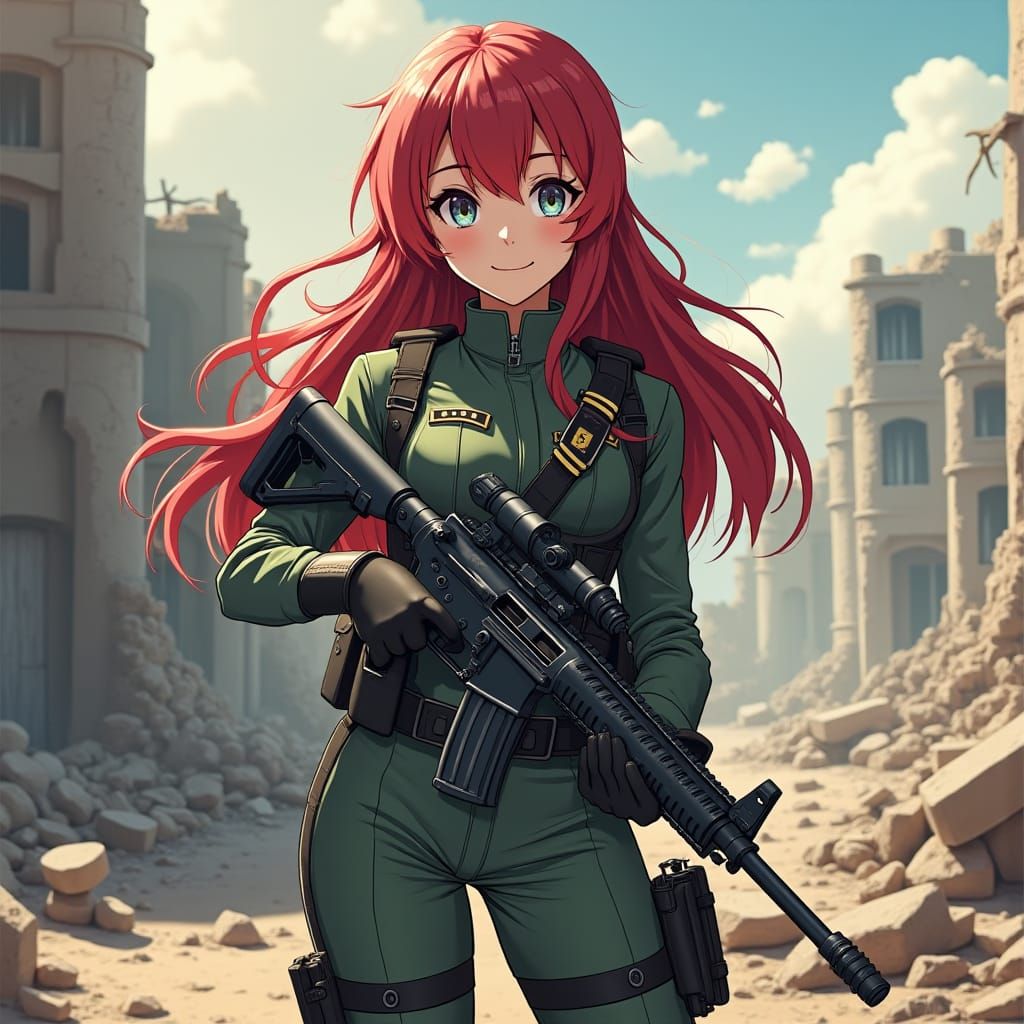 Anime Girl in Military Uniform in War Zone