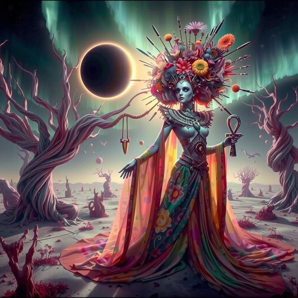 Pagan Priestess in Ultraviolet Glow Under Total Eclipse