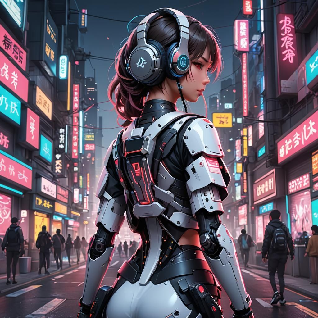 Anime Cyborg Girl with Katanas in Cyberpunk City