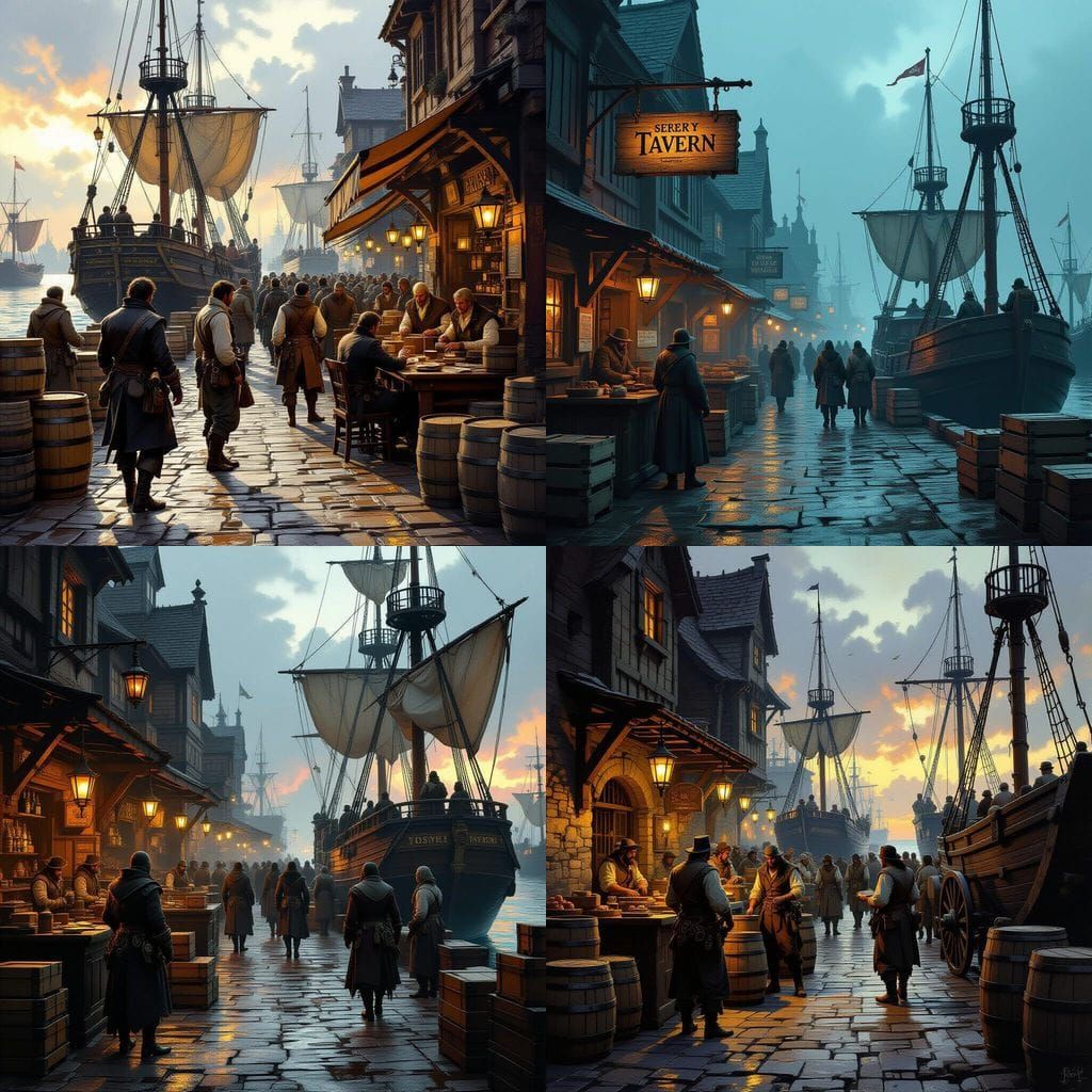Busy Dockside Tavern Scene with Sailors and Merchants