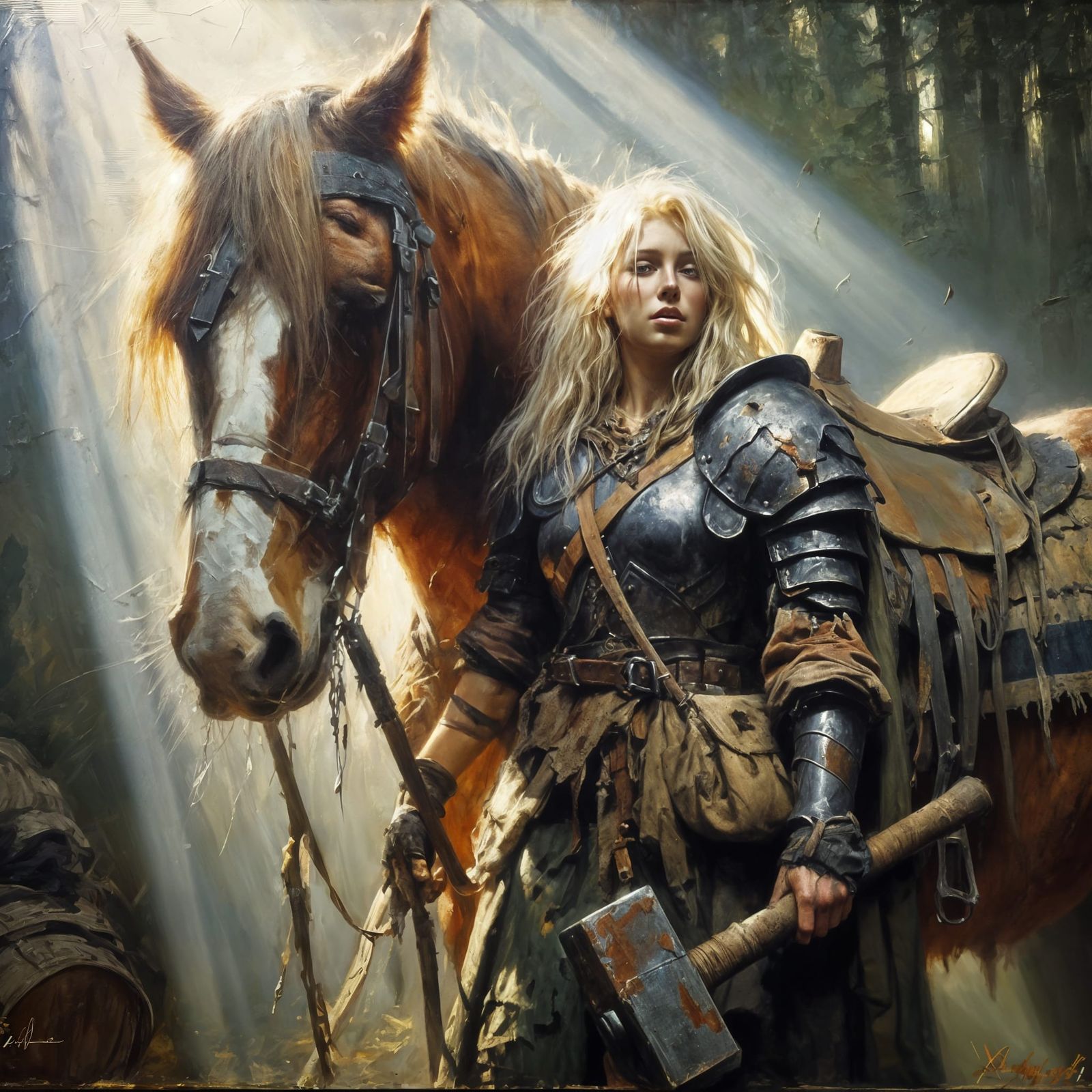 A Weary Elf Warrior and Her Majestic Clydesdale in Tenebrism...