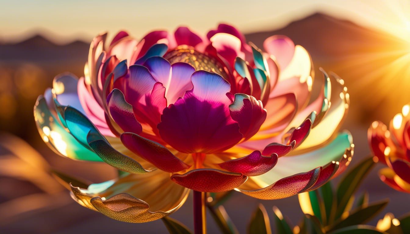 Glass Peony in Desert: Hyperrealistic Photorealism