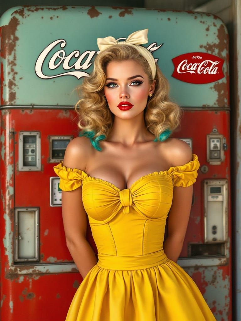 Glamorous 1950s Pin-Up in Yellow Dress Poses by Vintage Coke...