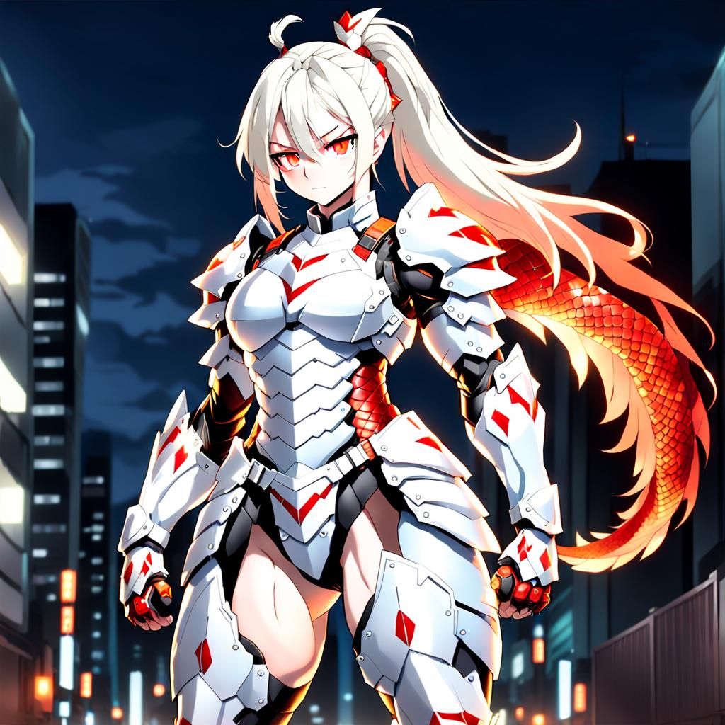 Muscular Woman in Red Scale Armor, Anime Style