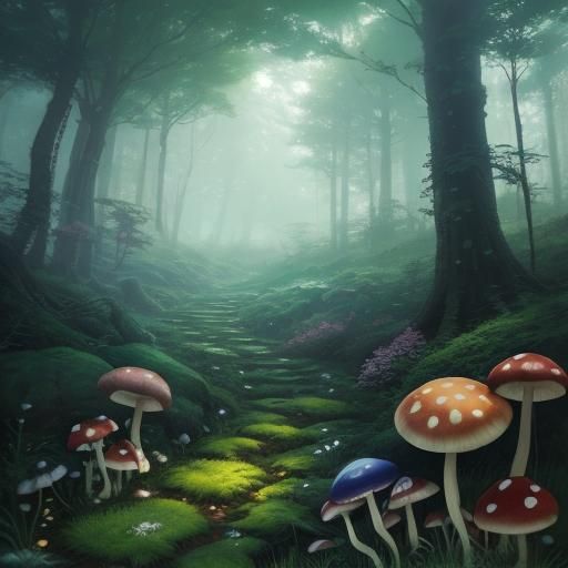 Enchanted Forest with Colorful Mushrooms: Ghibli-Inspired An...