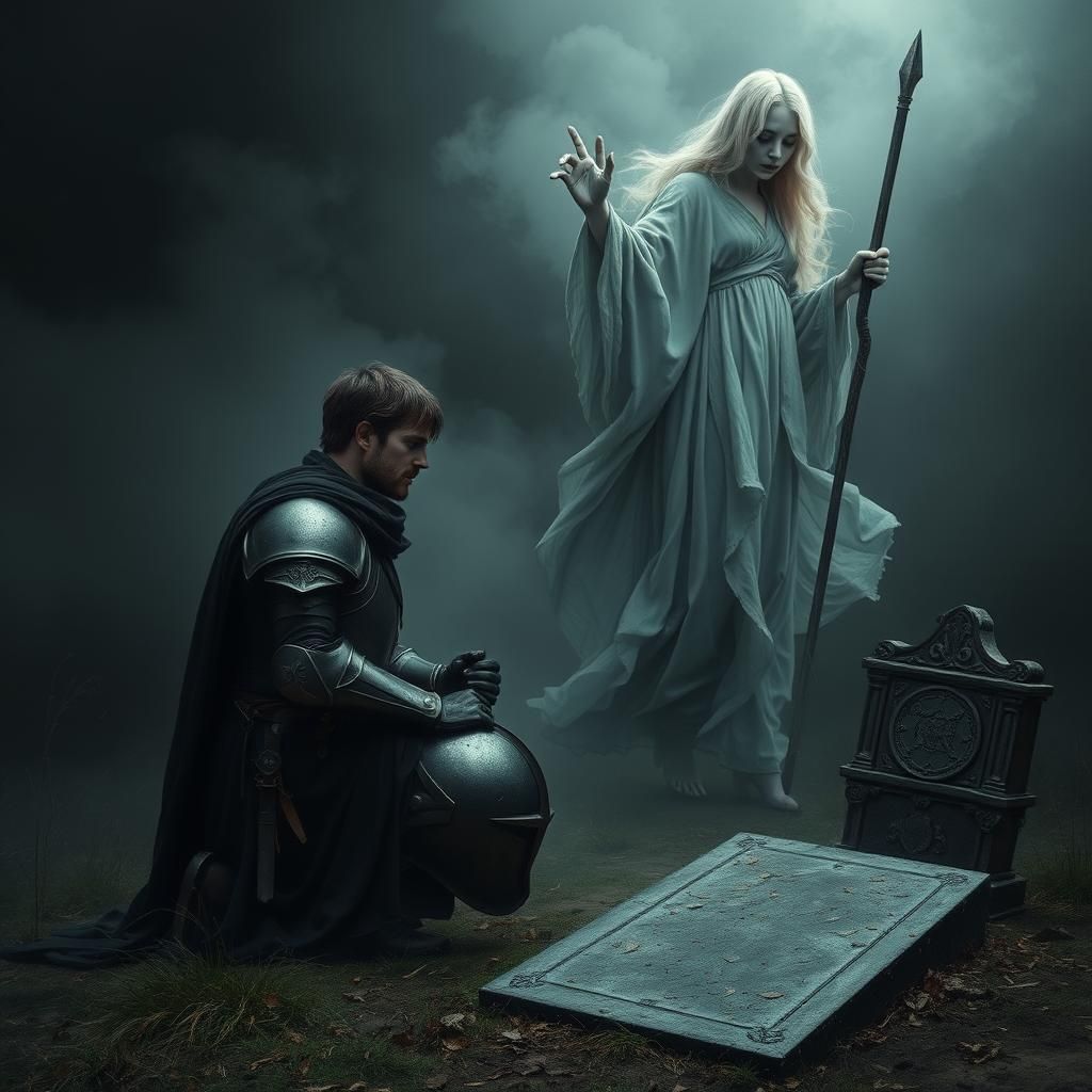 Knight and Ghost at Grave, Ethereal Scene