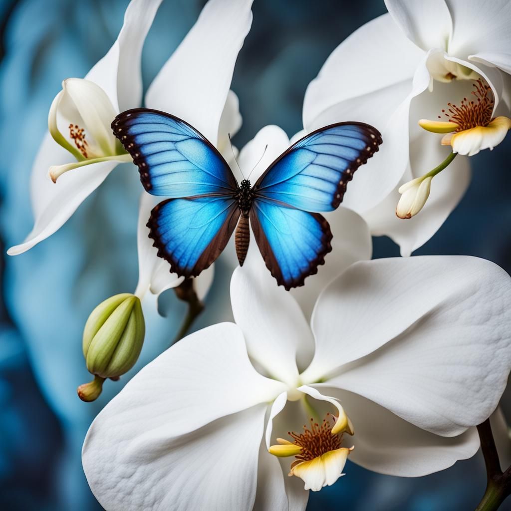 Blue Morpho Butterfly on White Orchid in Surreal Garden