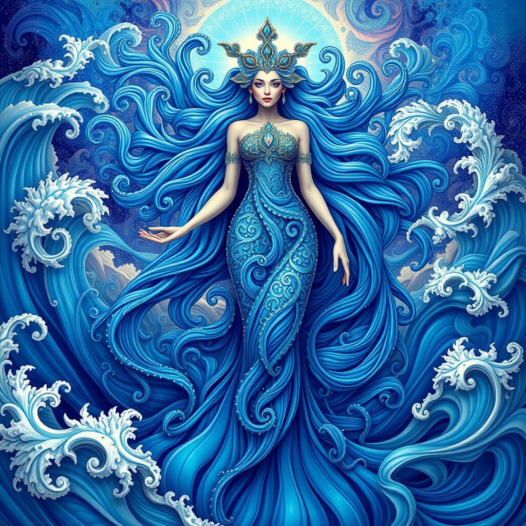 Majestic Ocean Goddess in Dreamlike Abstract Art