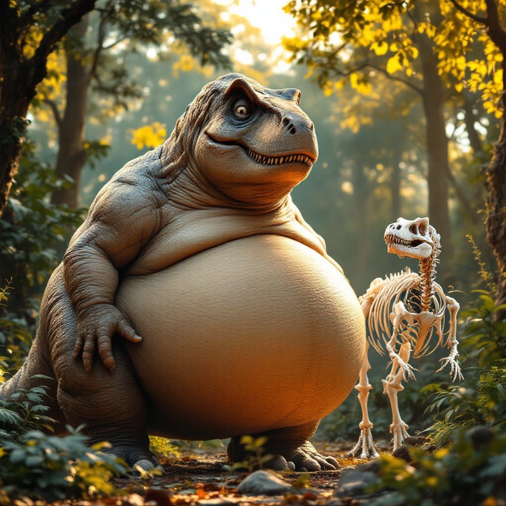 A farting dinosaur stands full of food with a big belly, standing next to a skeleton. Hyper-detailed, hyper-realistic.  ...