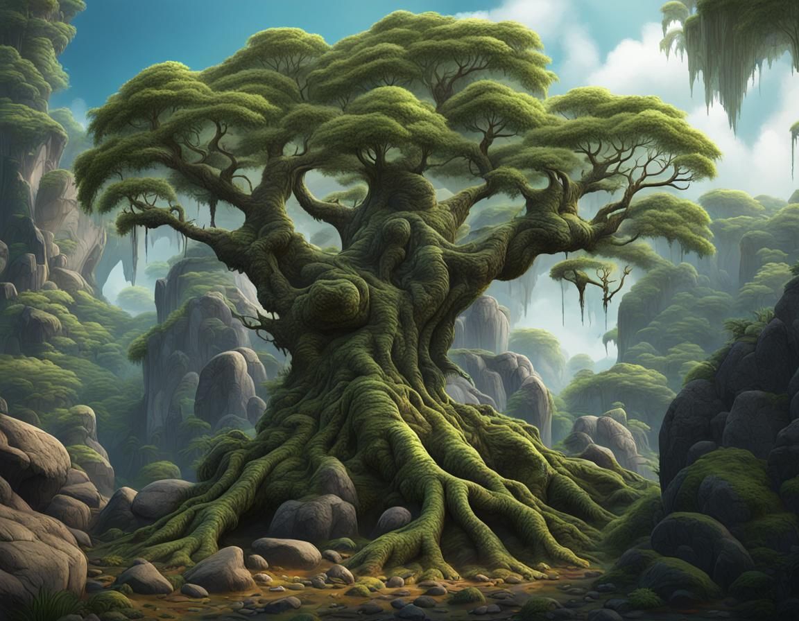 Tropical Tree Growing Between Rocks, Detailed Matte Painting