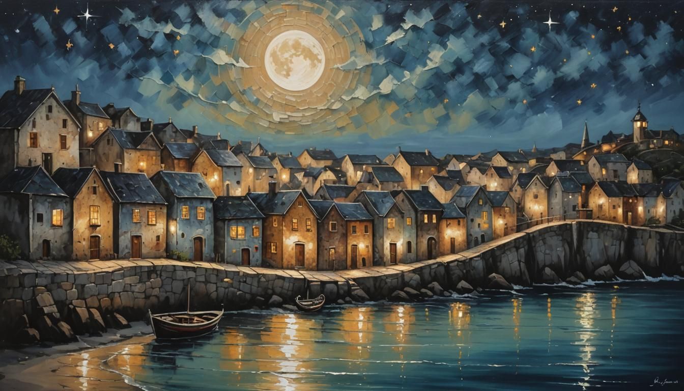 Ancient Seaside Town in Dark Fantasy Acrylic Painting