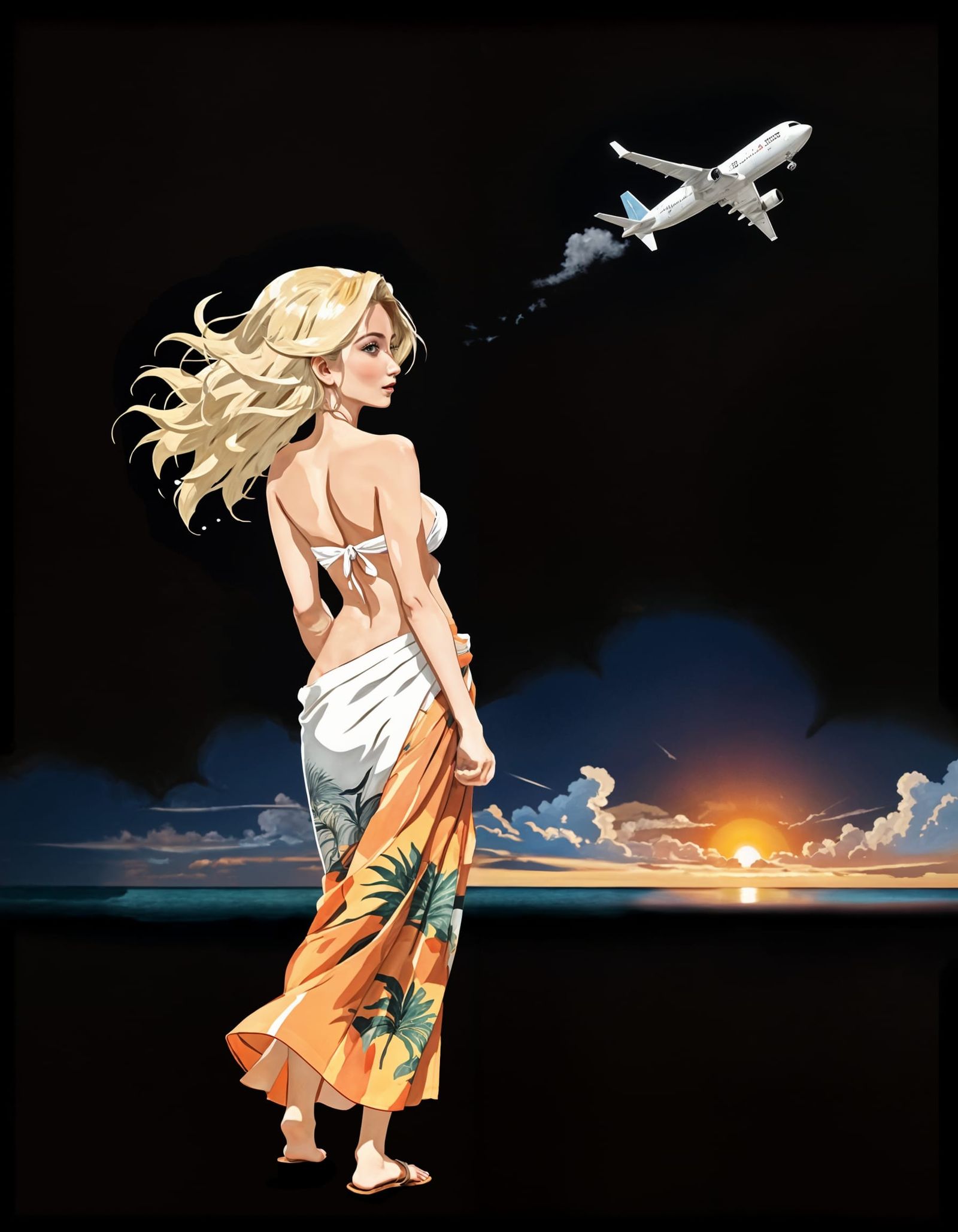 Tropical Beach Sunset with Airplane