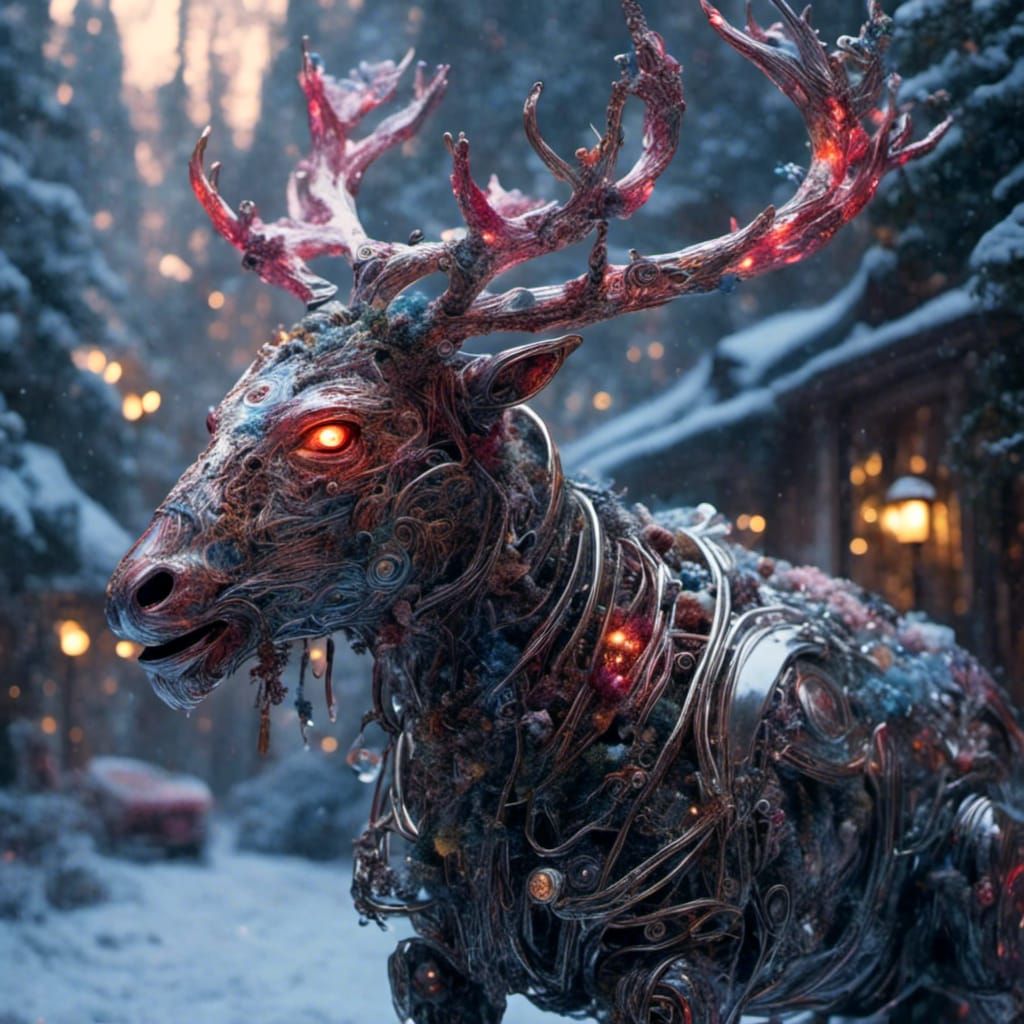 Cyborg Santa Claus with Cyberpunk Reindeer