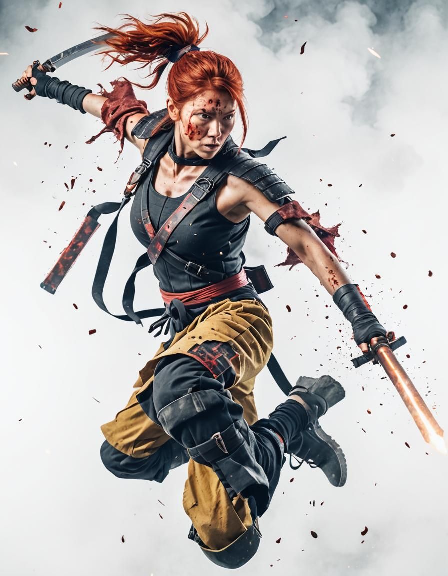 Red-Haired Ninja with Explosive Backdrop