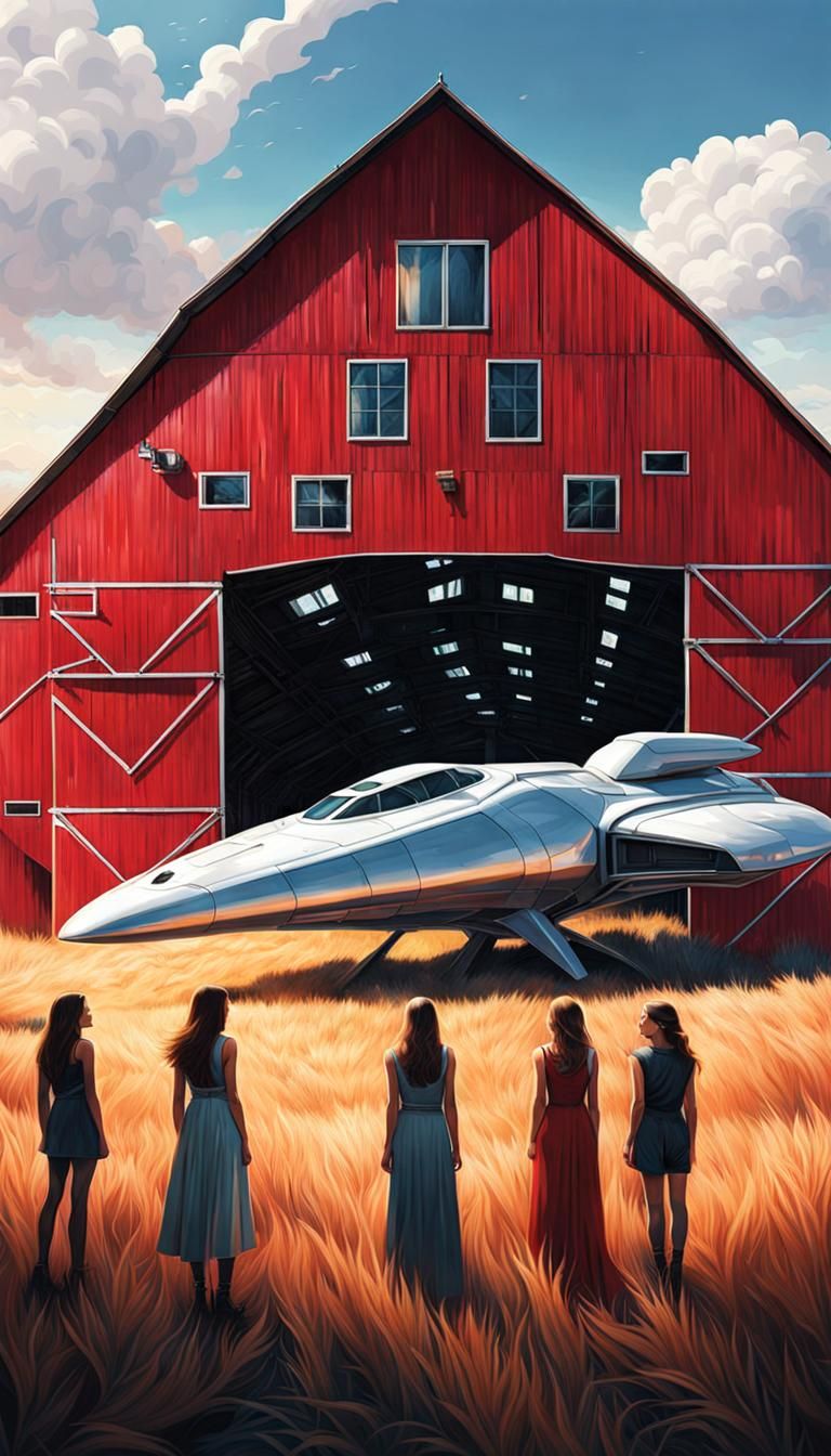 Futuristic Spaceship and Women in a Dilapidated Barn