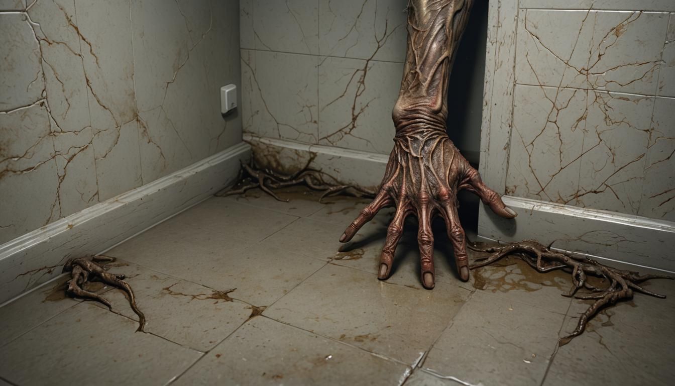 Hyperrealistic Creature Arm Reaching from Stall Floor
