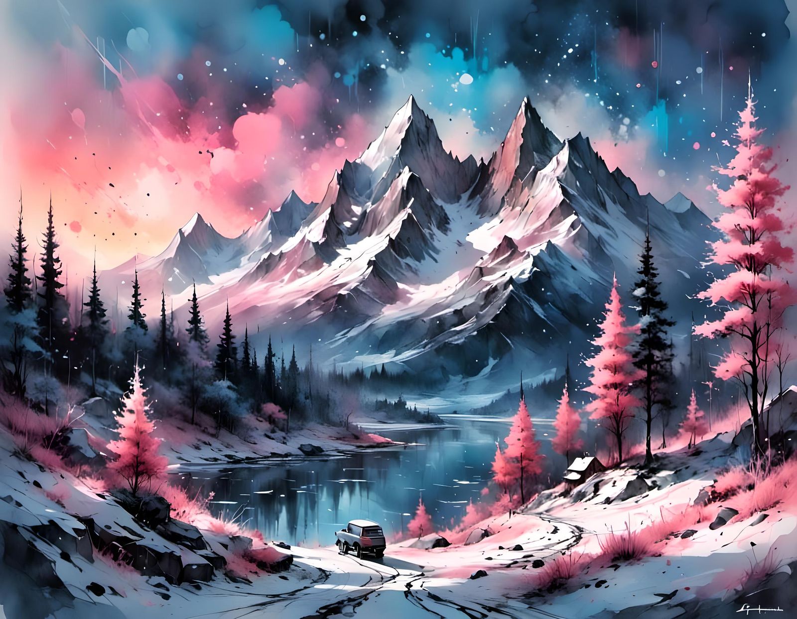 Winter Landscape with Snowflakes and Synthwave Colors