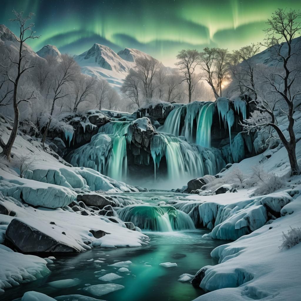 Greenland Waterfall Aurora: Cinematic Fantasy Landscape