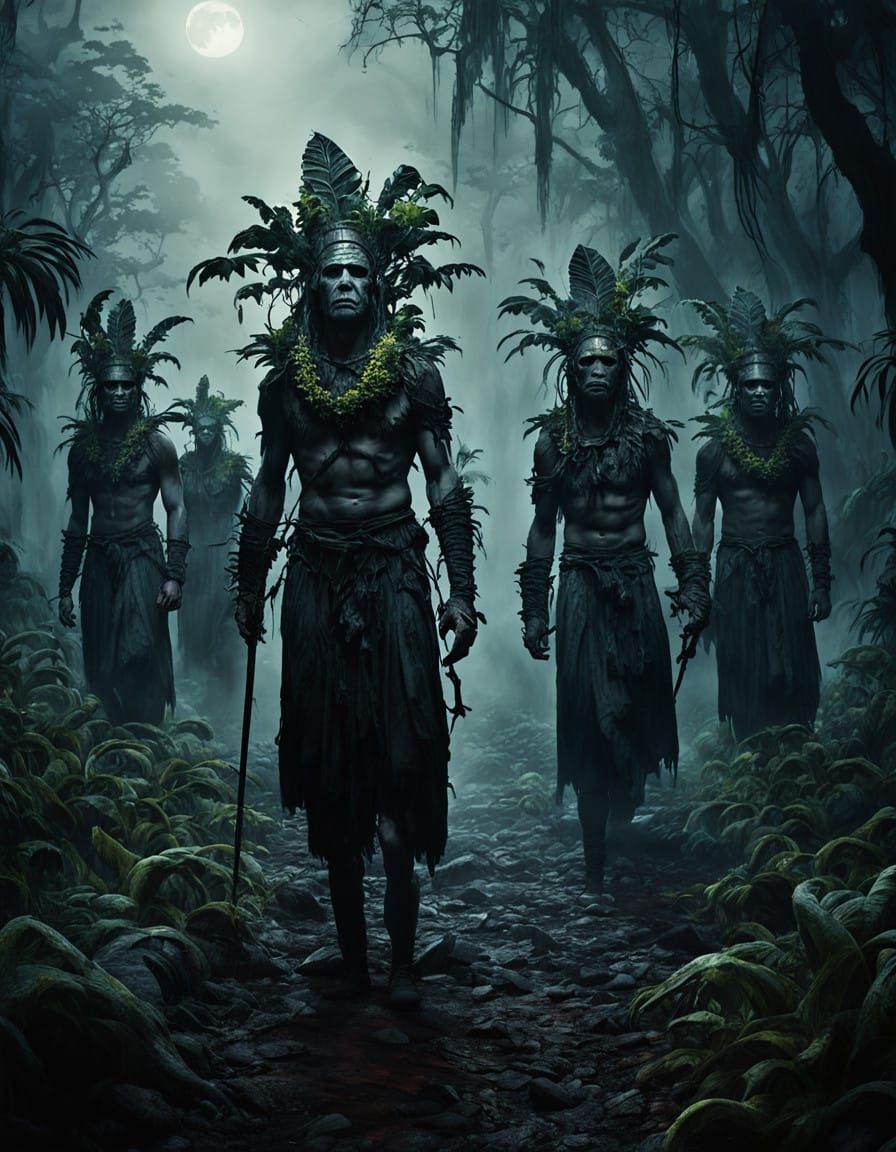 Transparent Hawaiian Warriors March in Dark, Ethereal Jungle