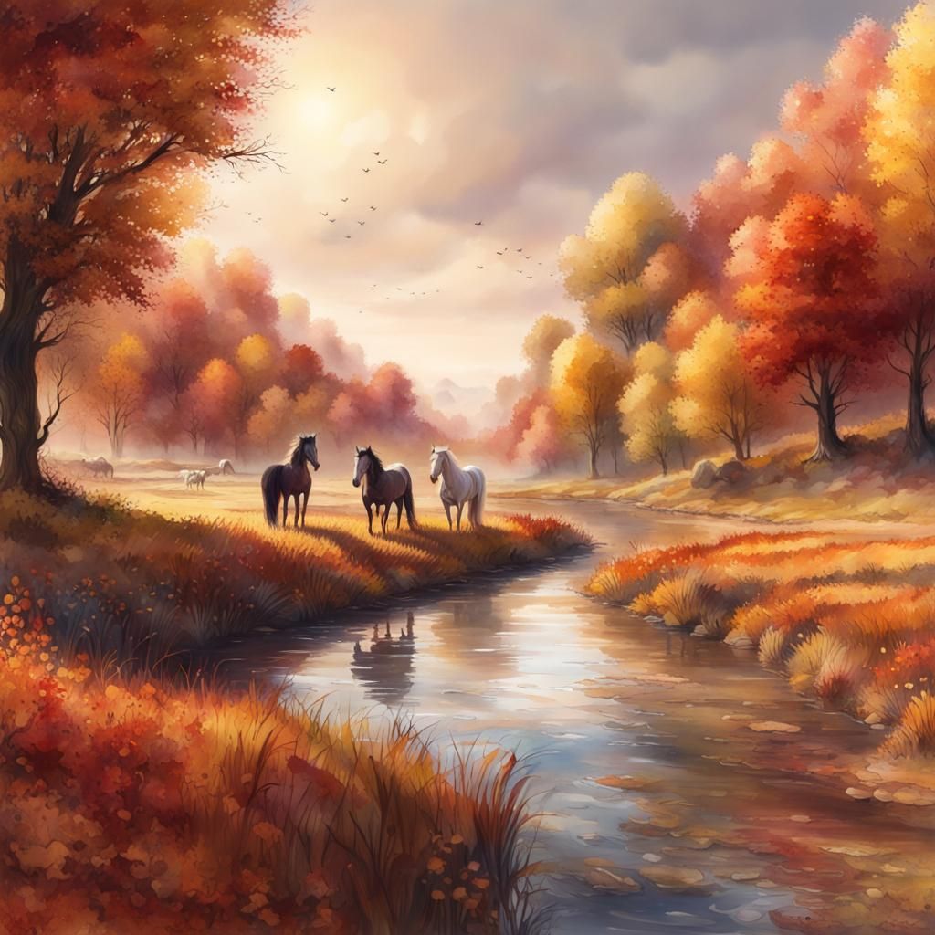 Autumn River Horses in Watercolor Style