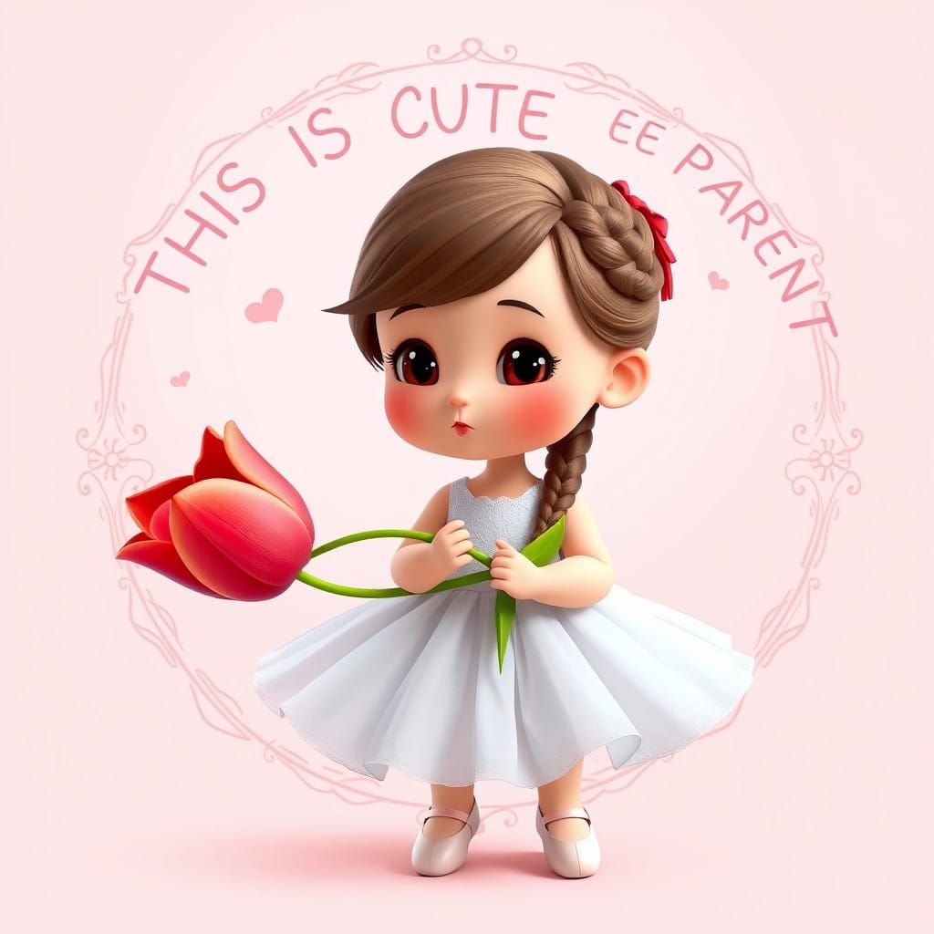 Stylized Baby Girl Holds Vibrant Red Tulip in Whimsical Wond...