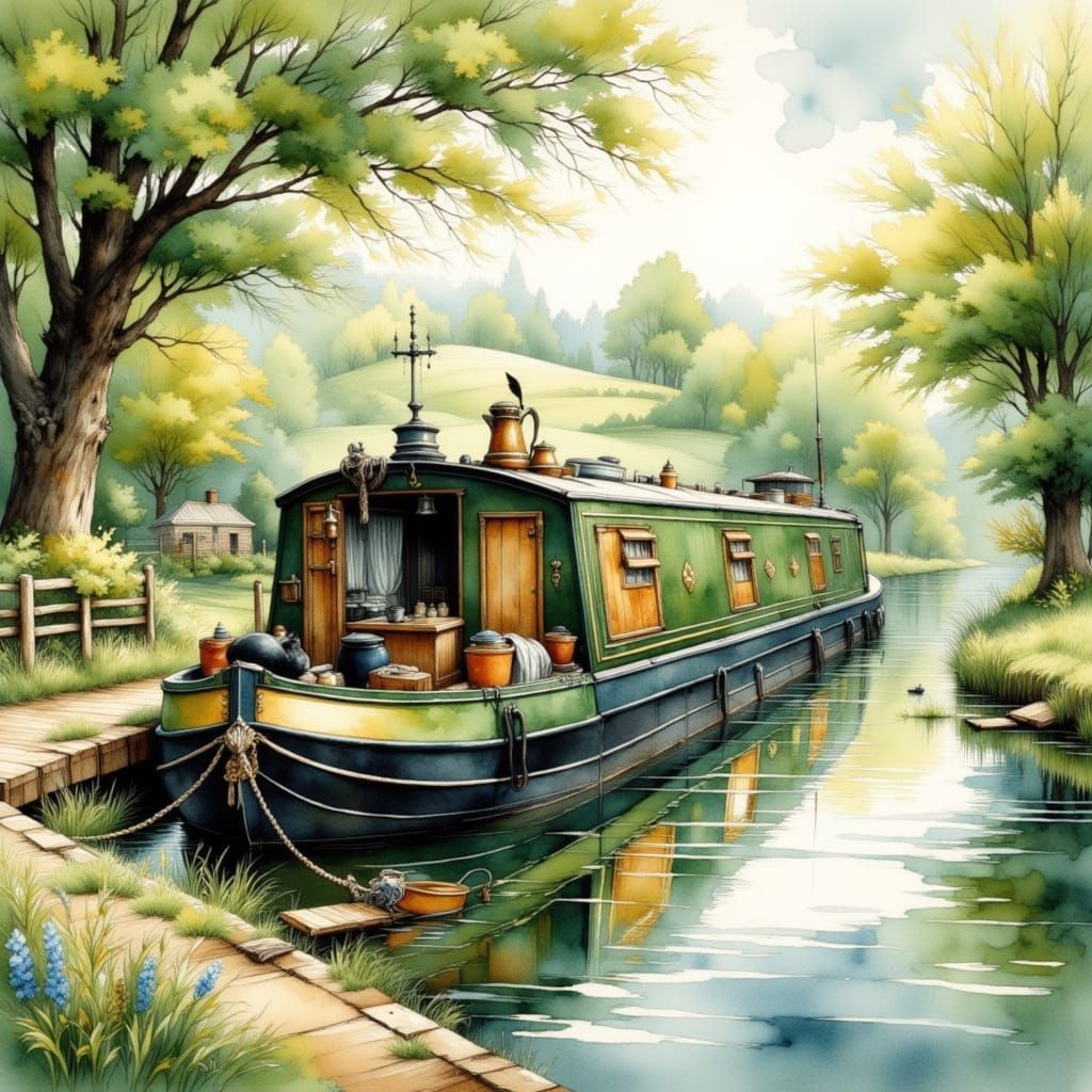 Moored Narrowboat by Canal in Spring Sunshine