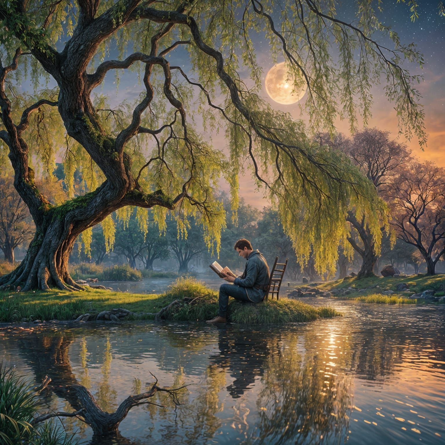 Man Reading Book Under Weeping Willow Tree