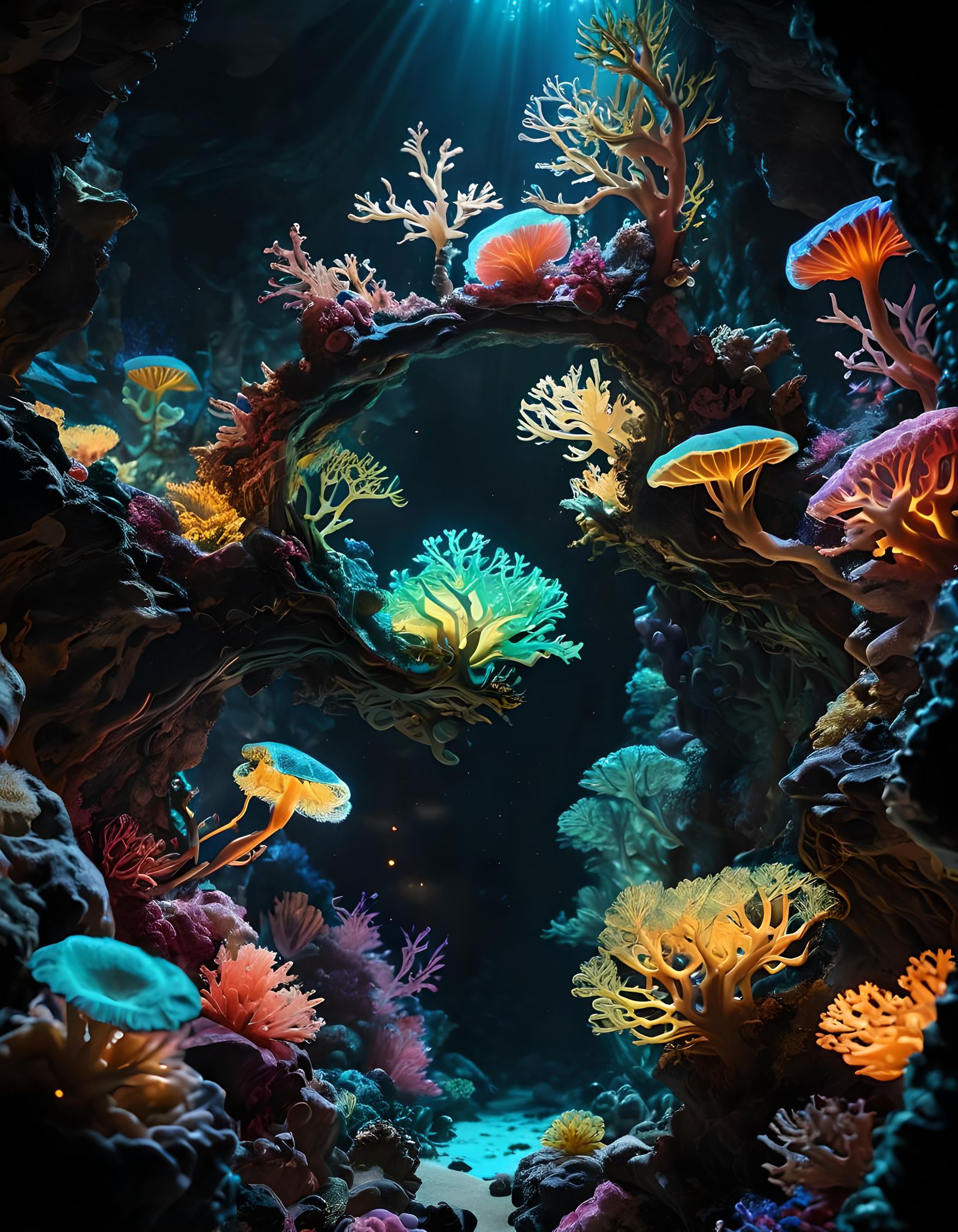 Bioluminescent Alien Coral Reef in Botanical Horror Style