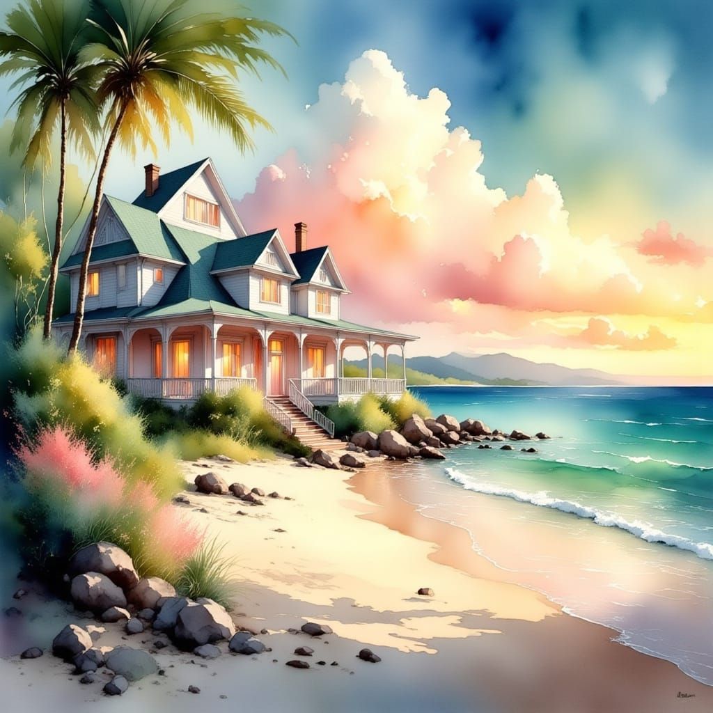 Coral Beach House at Sunset in Impressionist Style
