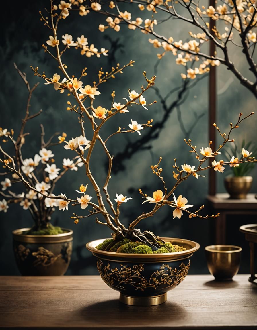 Spring Ikebana in Kioto Style with Gold Details