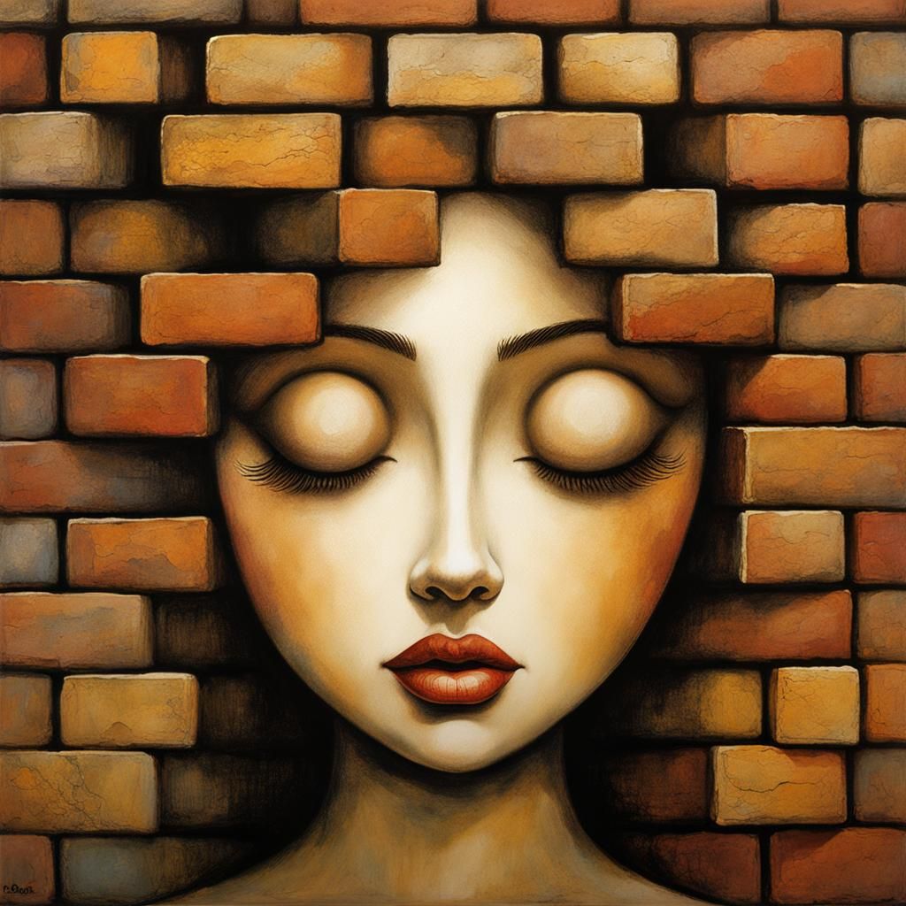 Surreal Watercolor: Woman Fading Into Brick Wall
