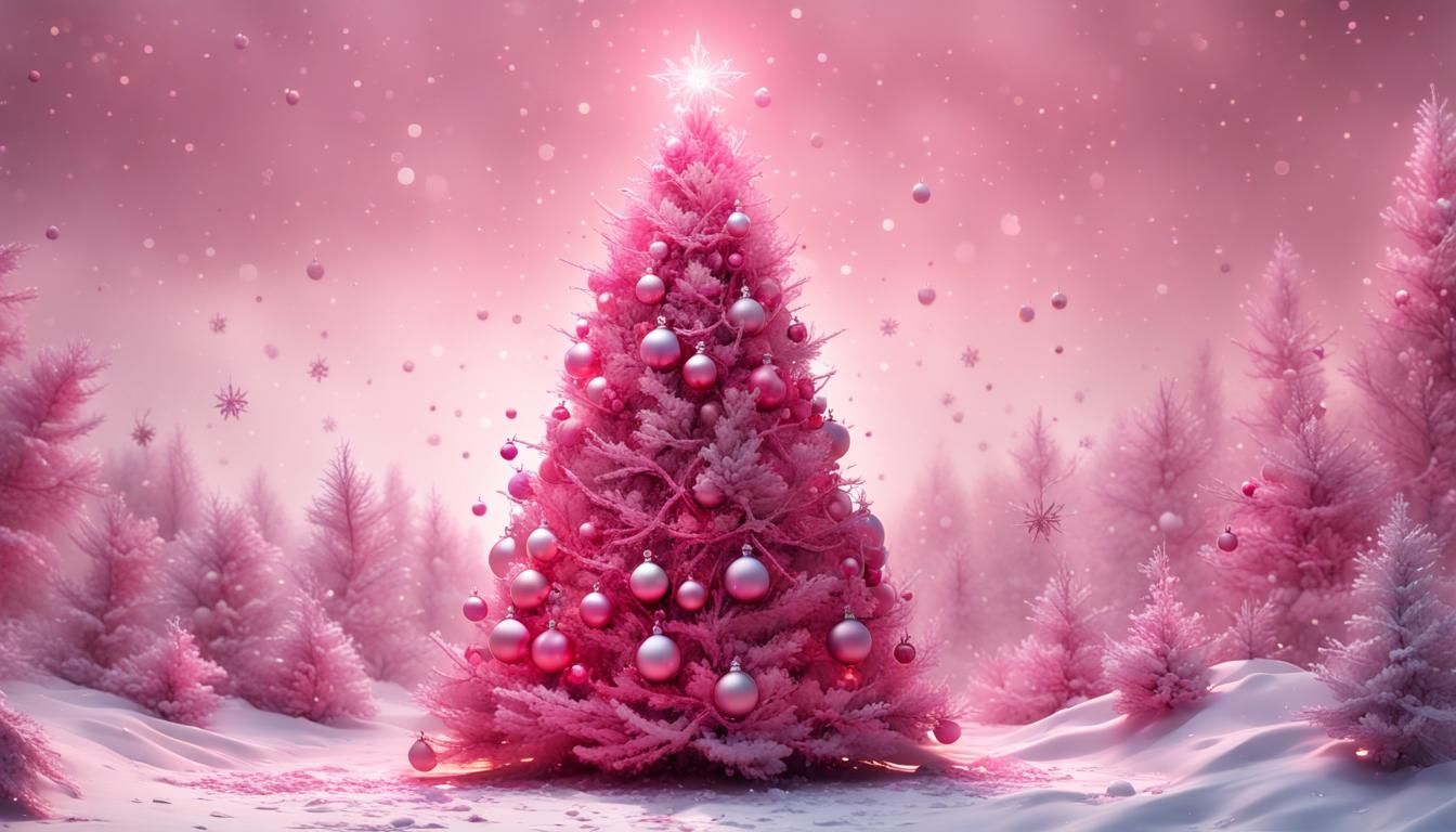 Pink Christmas Tree Impasto Painting on White