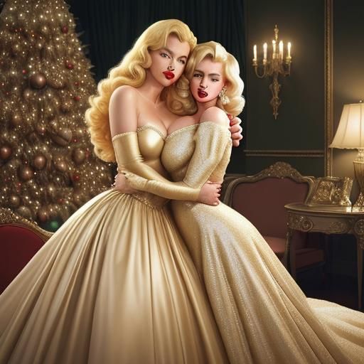 Glamorous Blond and Redhead Embrace Near Christmas Tree
