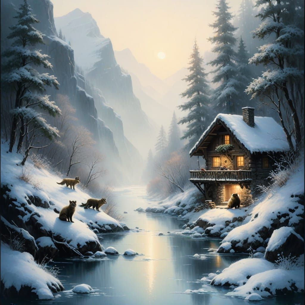 Cozy Winter Scene of Martens in Snowy Mountains