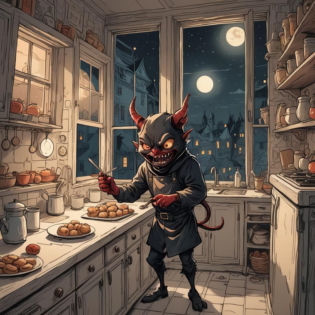 Mischievous Devil Steals Sweets: Cartoon Pencil Sketch