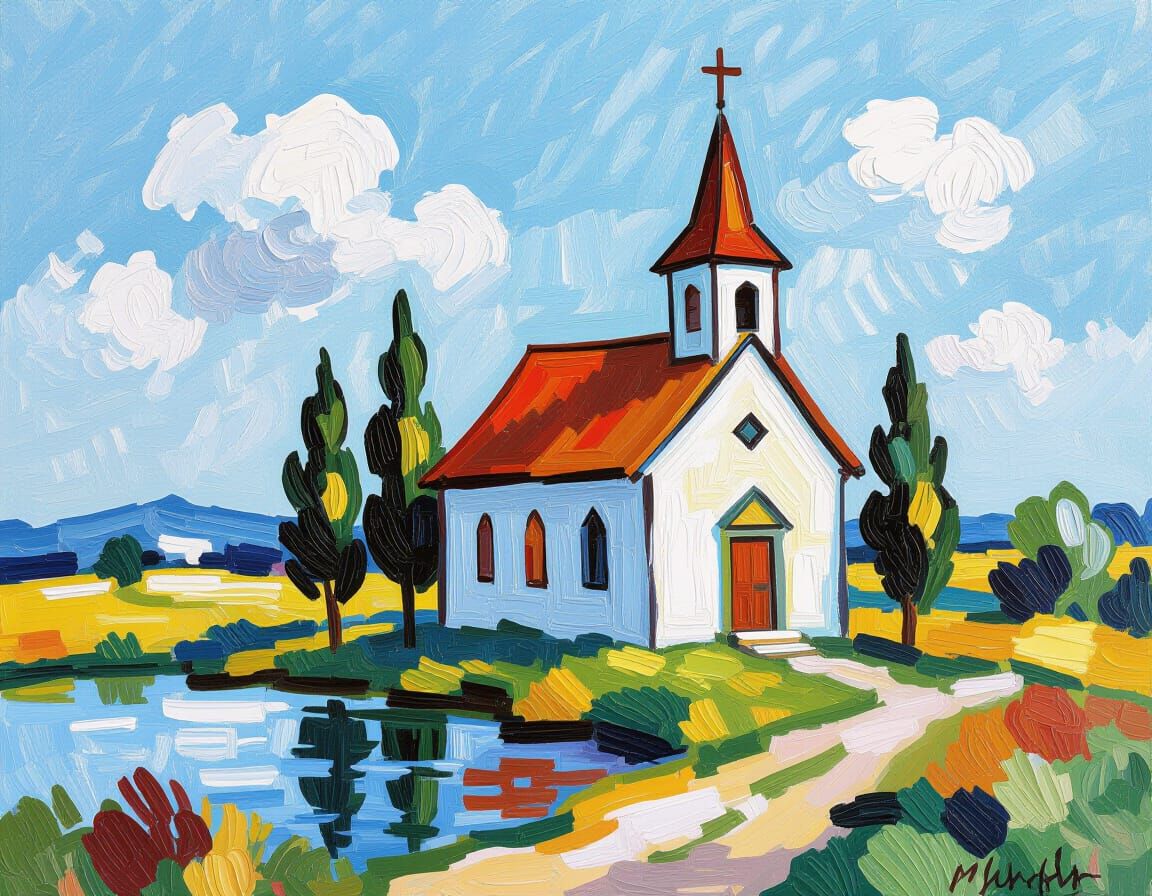 Impressionistic Church with Cypress Trees