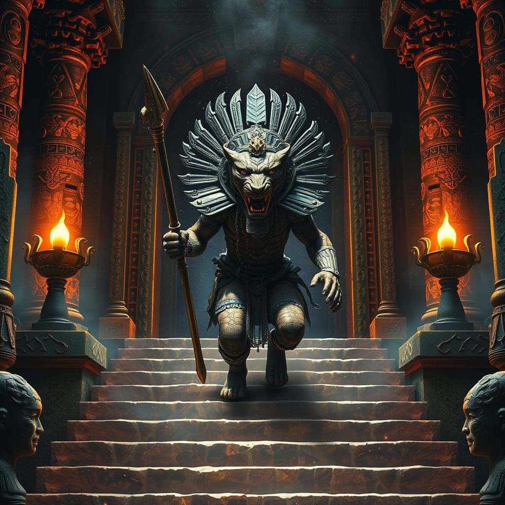 Aztec Jaguar Warrior Emerges From Temple Stairs