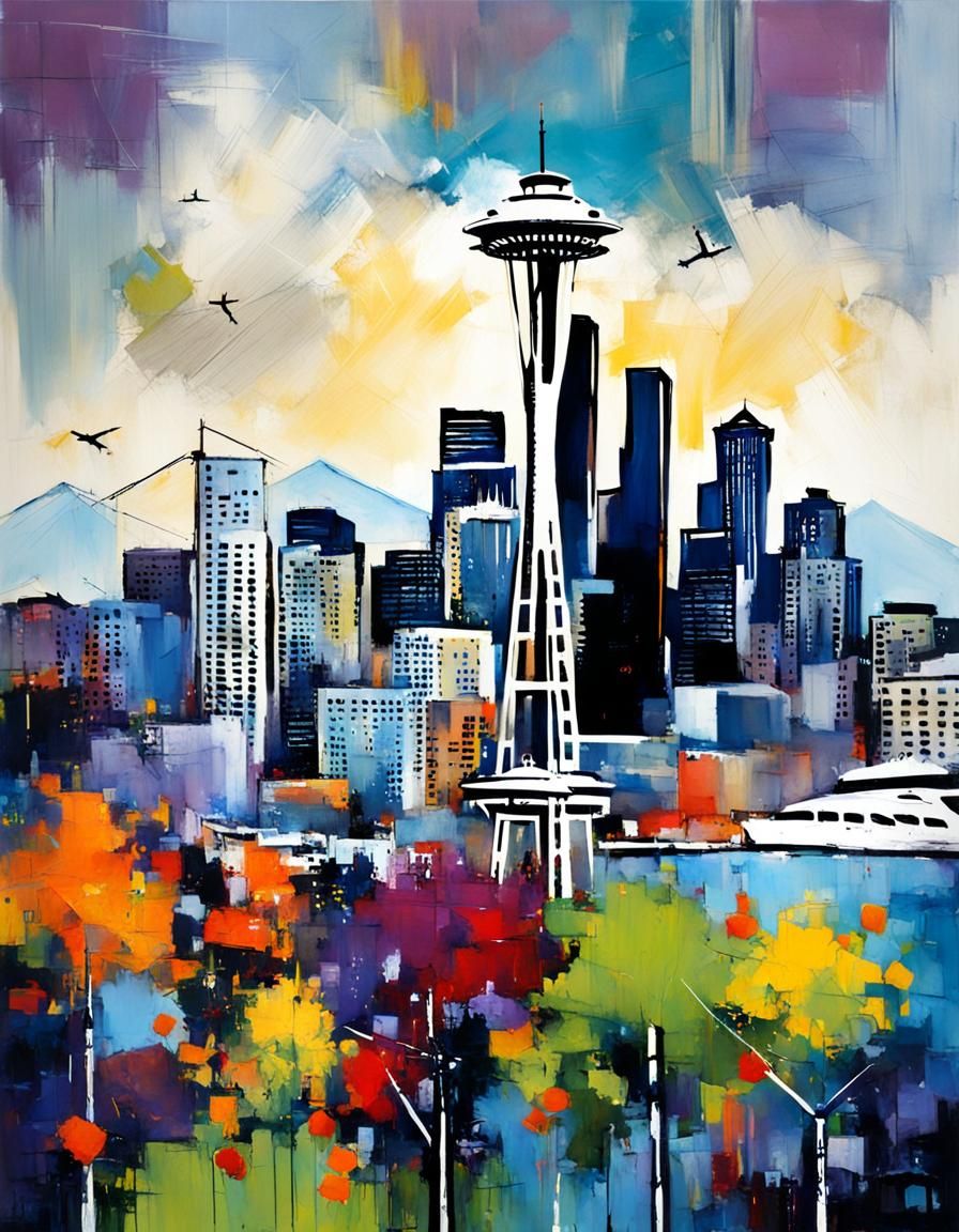 Seattle Cityscape Painting in Impressionist Style