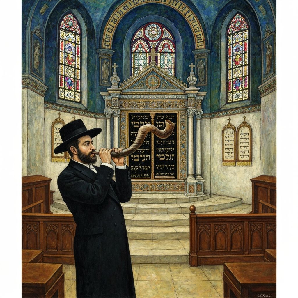 Hasidic Man Blowing Shofar in Synagogue, in Rothko-Chagall S...