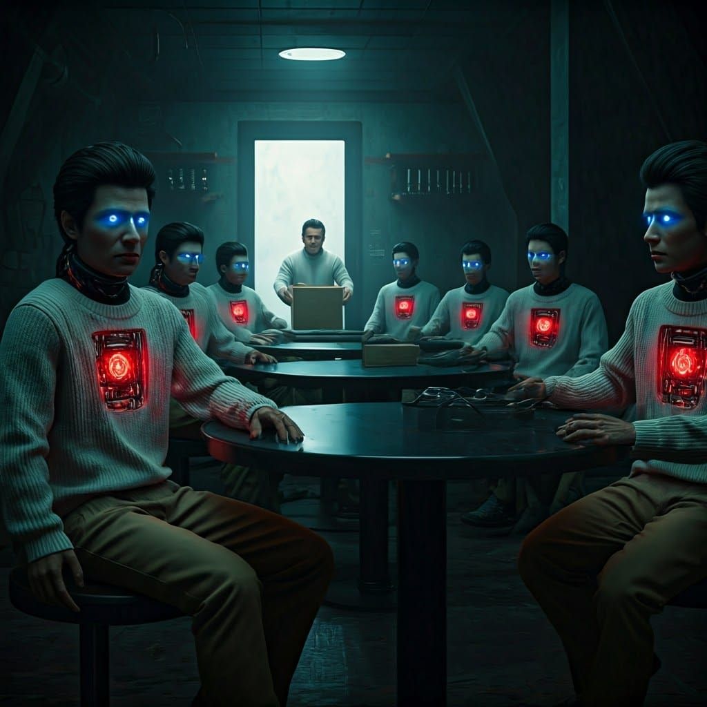 Androids Gaze at Human in Dystopian Bar Scene