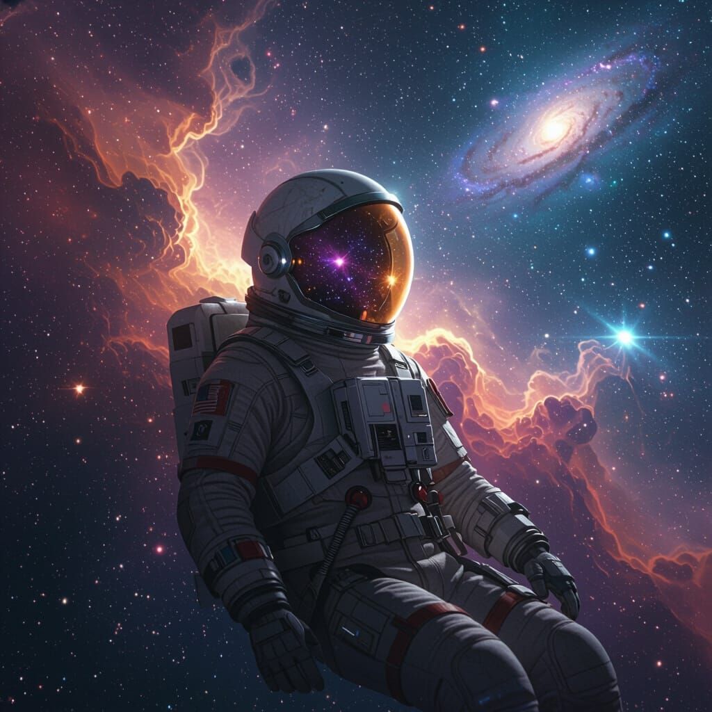 Astronaut Adrift in Cosmic Nebula, Helmet Reflects Alien Gal...
